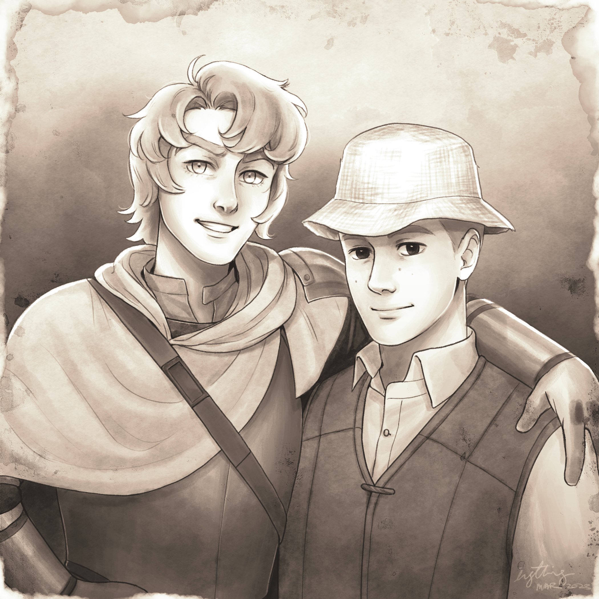 2boys aelfric_the_wondrous aelfric_von_claymondt cape collared_shirt conrad_(aelfric_the_wondrous) fake_photograph gauntlets grin hand_on_another&#039;s_shoulder hat highres ingthing looking_at_viewer male_focus monochrome multiple_boys sepia shirt short_hair smile