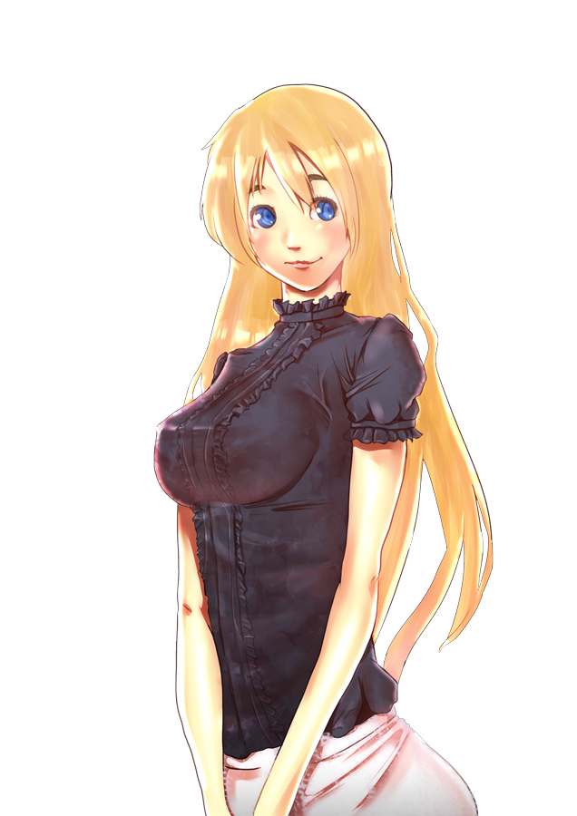 1girl blonde_hair blue_eyes casual female_focus impossible_clothes impossible_shirt k-on! kotobuki_tsumugi long_hair puu_maru shirt smile solo