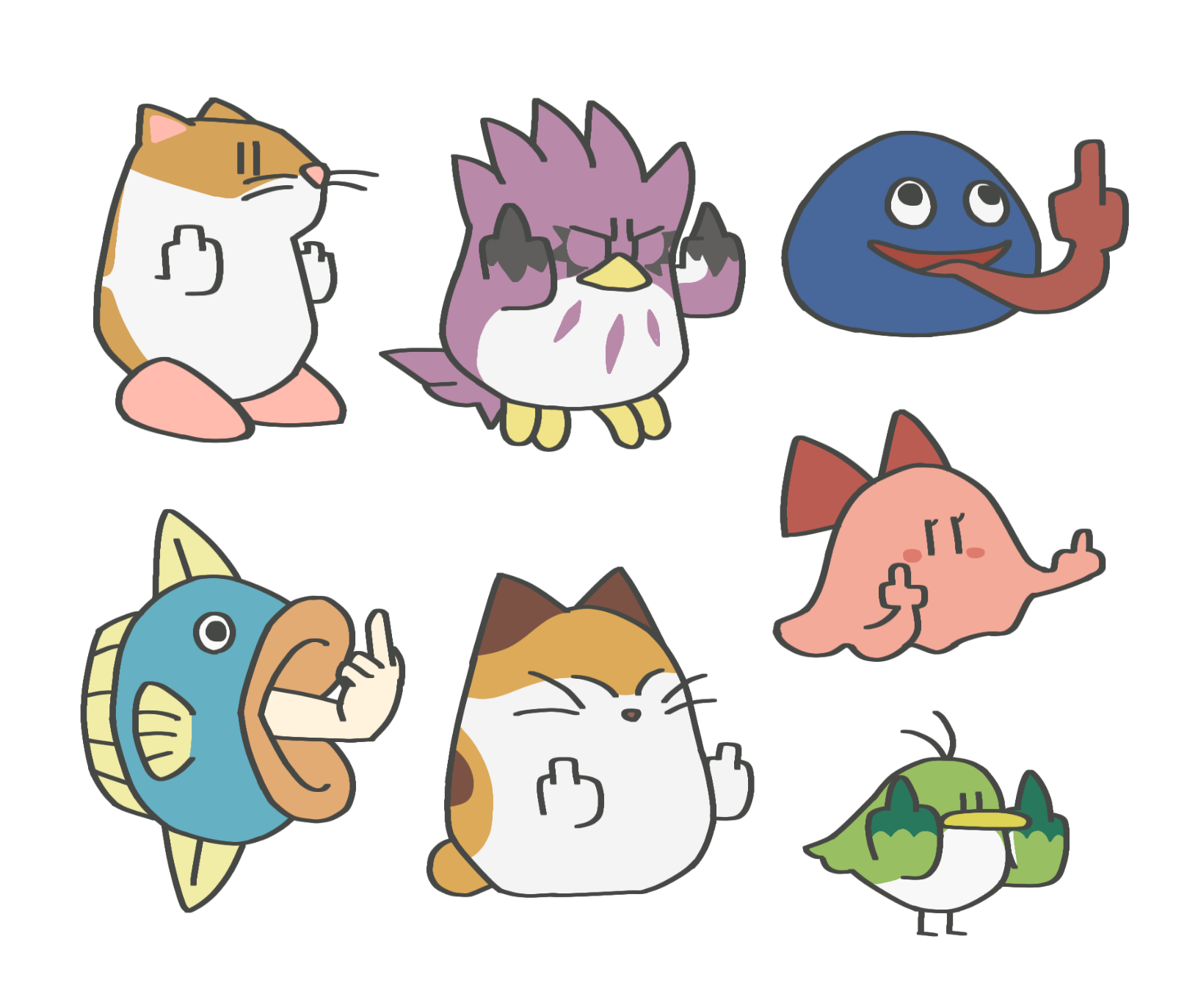 bird cat chanpuru_(nicoseiga_67544477) chuchu_(kirby) commentary_request coo_(kirby) cookie_(touhou) double_middle_finger dragon_quest fish fuckin_animal full_body hamster highres kine_(kirby) kirby_(series) kirby_64 middle_finger nago nintendo no_humans pitch_(kirby) rick_(kirby) simple_background slime_(creature) transparent_background