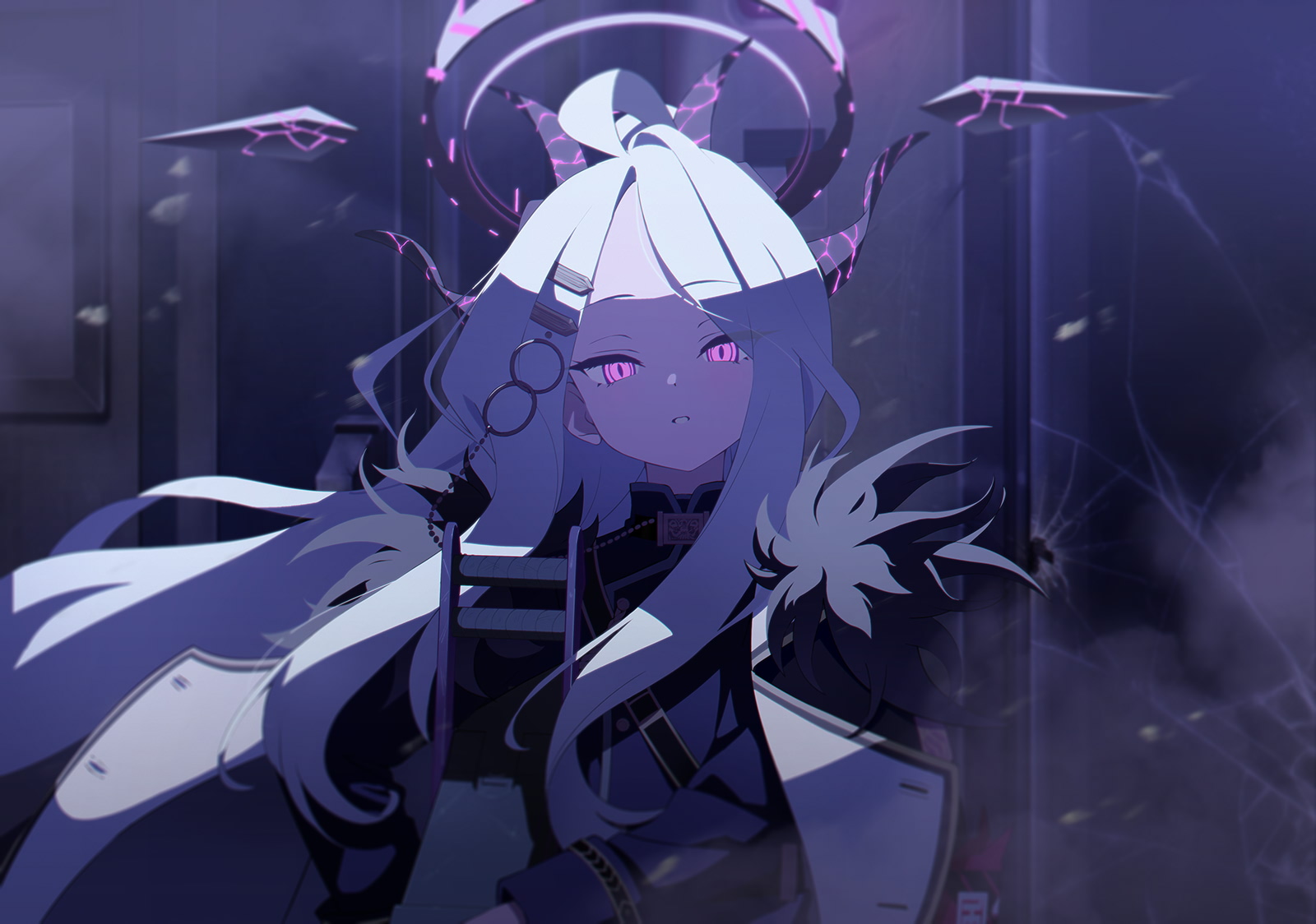 1girl ahoge aiguillette armband artist_request black_coat black_fur black_halo black_horns black_jacket blue_archive broken_glass broken_window bullet_hole coat crack cracked_glass demon_girl demon_horns dust_cloud eyes_visible_through_hair fur-trimmed_coat fur_trim game_cg glass glowing_horns gold_buttons gun hair_ornament hairclip halo highres hina_(blue_archive) holding holding_gun holding_weapon horns indoors jacket long_hair long_sidelocks looking_at_viewer machine_gun mg42 multicolored_coat night non-web_source official_art open_mouth ponytail red_armband school_uniform sidelocks solo spoilers straight-on train_interior very_long_hair weapon white_coat white_hair window