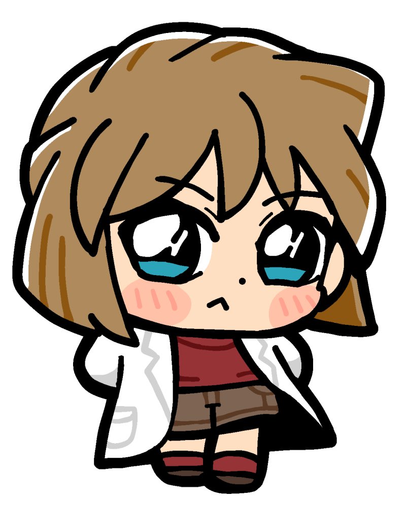 1girl :&lt; arms_behind_back bkub blue_eyes blush_stickers brown_hair brown_shoes brown_shorts chibi chibi_only closed_mouth coat dot_nose full_body haibara_ai lab_coat meitantei_conan open_clothes open_coat red_shirt red_socks shirt shoes short_hair shorts simple_background socks solo white_background white_coat