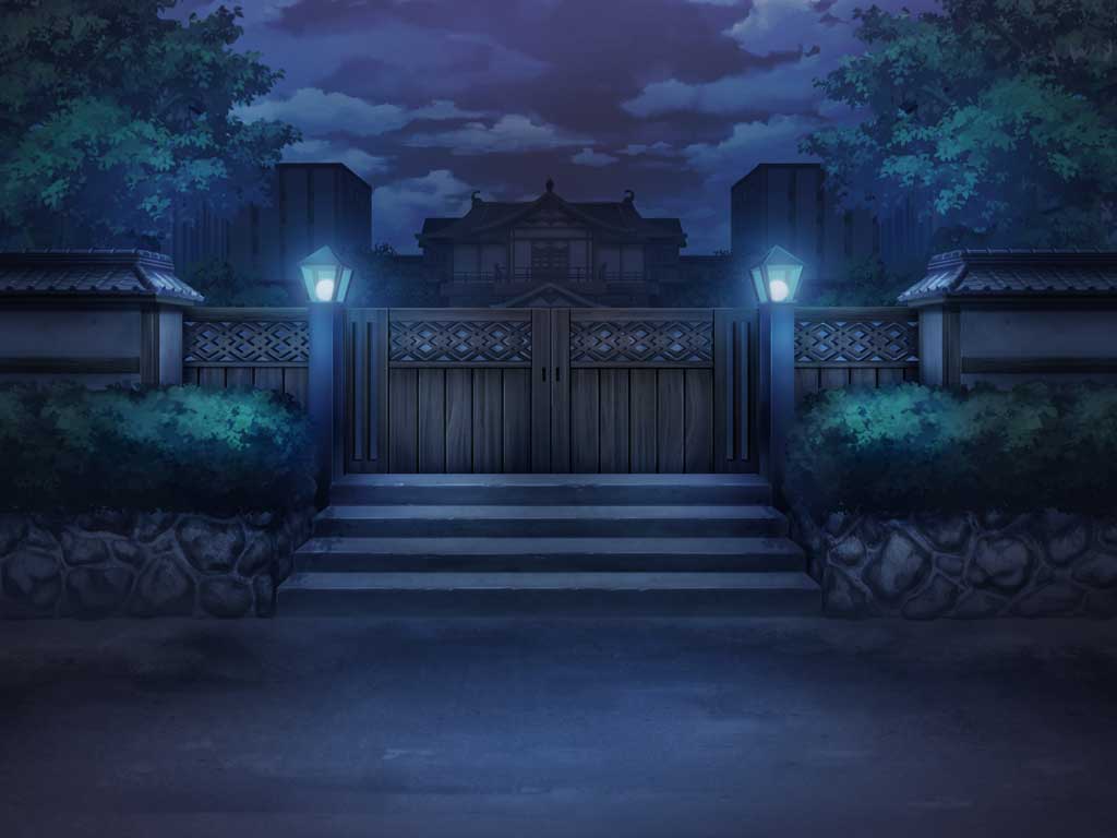 artist_request building bush cloud fence game_cg gate lantern magia_record:_mahou_shoujo_madoka_magica_gaiden mahou_shoujo_madoka_magica night night_sky no_humans official_art path road scenery shrine sky stairs street tree