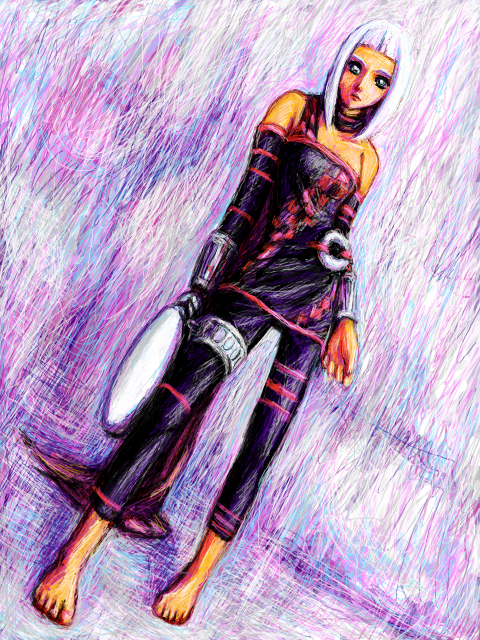 1girl bare_shoulders barefoot capri_pants dress female_focus flat_chest gun leggings maelia_juvi orta pants panzer_dragoon panzer_dragoon_orta scarf short_hair silver_hair solo strapless strapless_dress tube_dress weapon