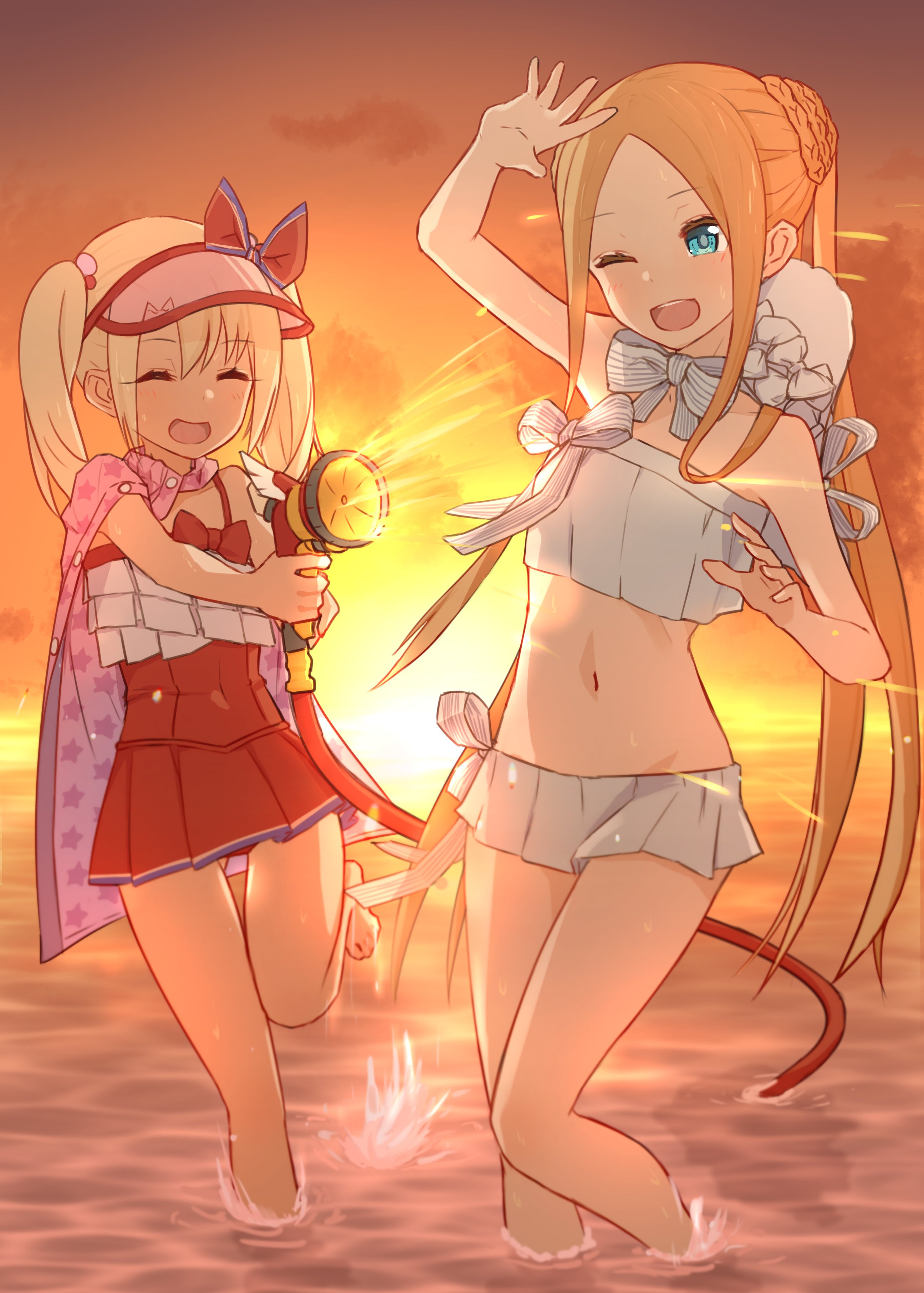 2girls abigail_williams_(fate) abigail_williams_(swimsuit_foreigner)_(fate) abigail_williams_(swimsuit_foreigner)_(third_ascension)_(fate) absurdres bare_shoulders beach bikini blonde_hair blue_eyes blush bonnet bow breasts cape closed_eyes covered_navel dress_swimsuit fate/grand_order fate_(series) forehead highres hose hose_nozzle illyasviel_von_einzbern illyasviel_von_einzbern_(swimsuit_archer) illyasviel_von_einzbern_(swimsuit_archer)_(second_ascension) inflatable_armbands kopaka_(karda_nui) long_hair magical_ruby magical_ruby_(hose) miniskirt multiple_girls navel ocean one-piece_swimsuit one_eye_closed open_mouth orange_sky parted_bangs red_bow red_headwear red_one-piece_swimsuit shore sidelocks skirt sky small_breasts smile star_(symbol) star_print sunset swimsuit thighs twintails very_long_hair visor_cap white_bikini white_hair white_headwear