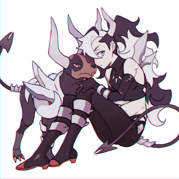 1boy bare_shoulders black_hair black_pants boots chromatic_aberration closed_mouth commentary_request elbow_gloves gen_2_pokemon gloves grey_eyes horns houndoom korean_commentary long_hair male_focus mega_houndoom mega_pokemon multicolored_hair nintendo pants piers_(pokemon) pokemon pokemon_(creature) pokemon_swsh simple_background sitting tail two-tone_hair white_background white_hair zigzagdb
