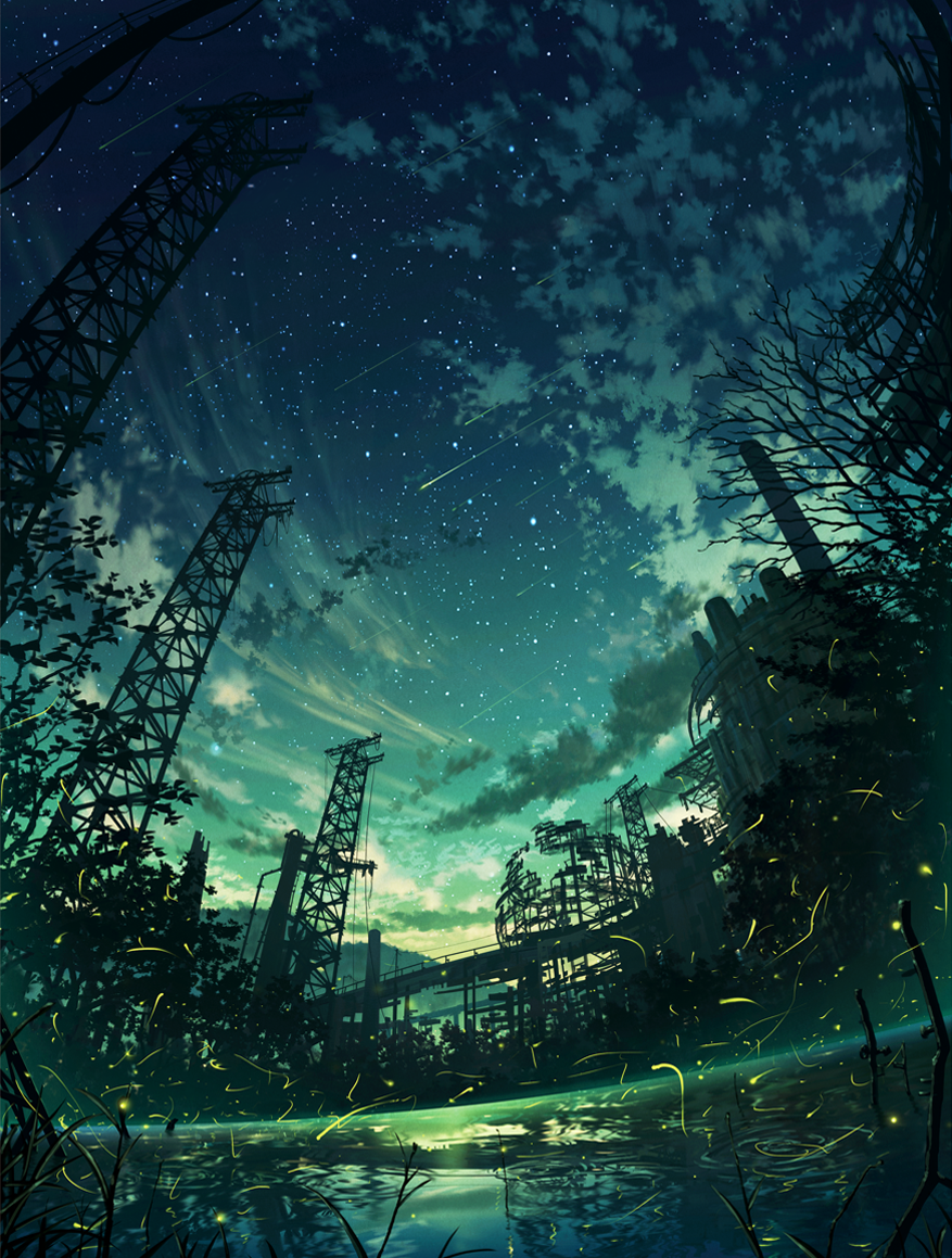 blue_theme building cloud cola_(gotouryouta) fireflies meteor night night_sky no_humans original ripples ruins scenery shooting_star sky star_(sky) starry_sky transmission_tower branch water