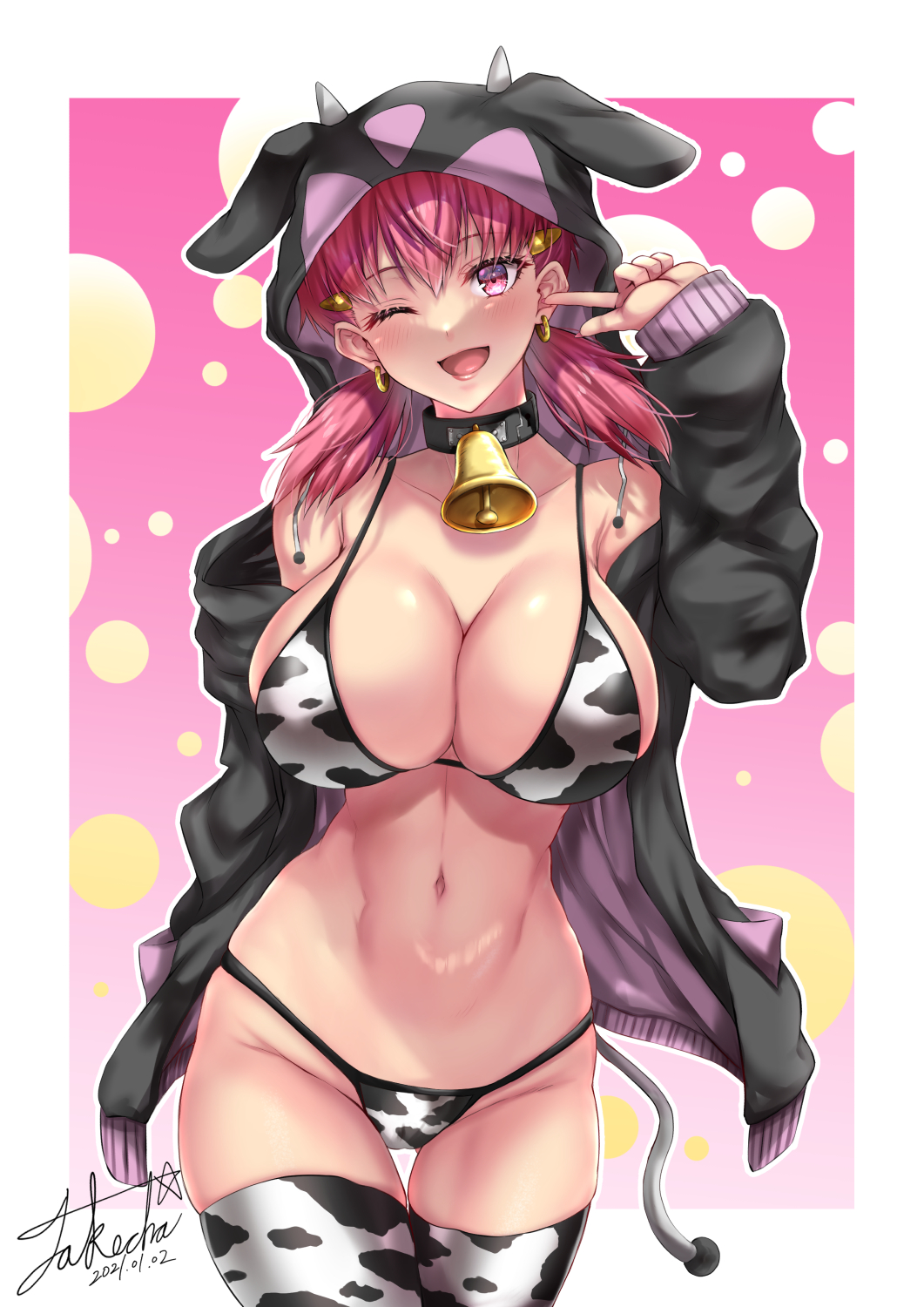 1girl animal_print bell bikini black_collar breasts chinese_zodiac cleavage collar cosplay cow_horns cow_print cow_tail cowboy_shot curvy dated drawstring earrings fake_horns fake_tail gen_2_pokemon gradient_background gym_leader hair_ornament hairclip highres hood horns jewelry large_breasts lips long_sleeves looking_at_viewer miltank miltank_(cosplay) navel neck_bell nintendo one_eye_closed open_mouth pink_background pink_eyes pink_hair pokemon pokemon_hgss shiny_skin signature smile solo stomach swimsuit tail takecha thigh_gap thighhighs twintails white_bikini white_thighhighs whitney_(pokemon) year_of_the_ox