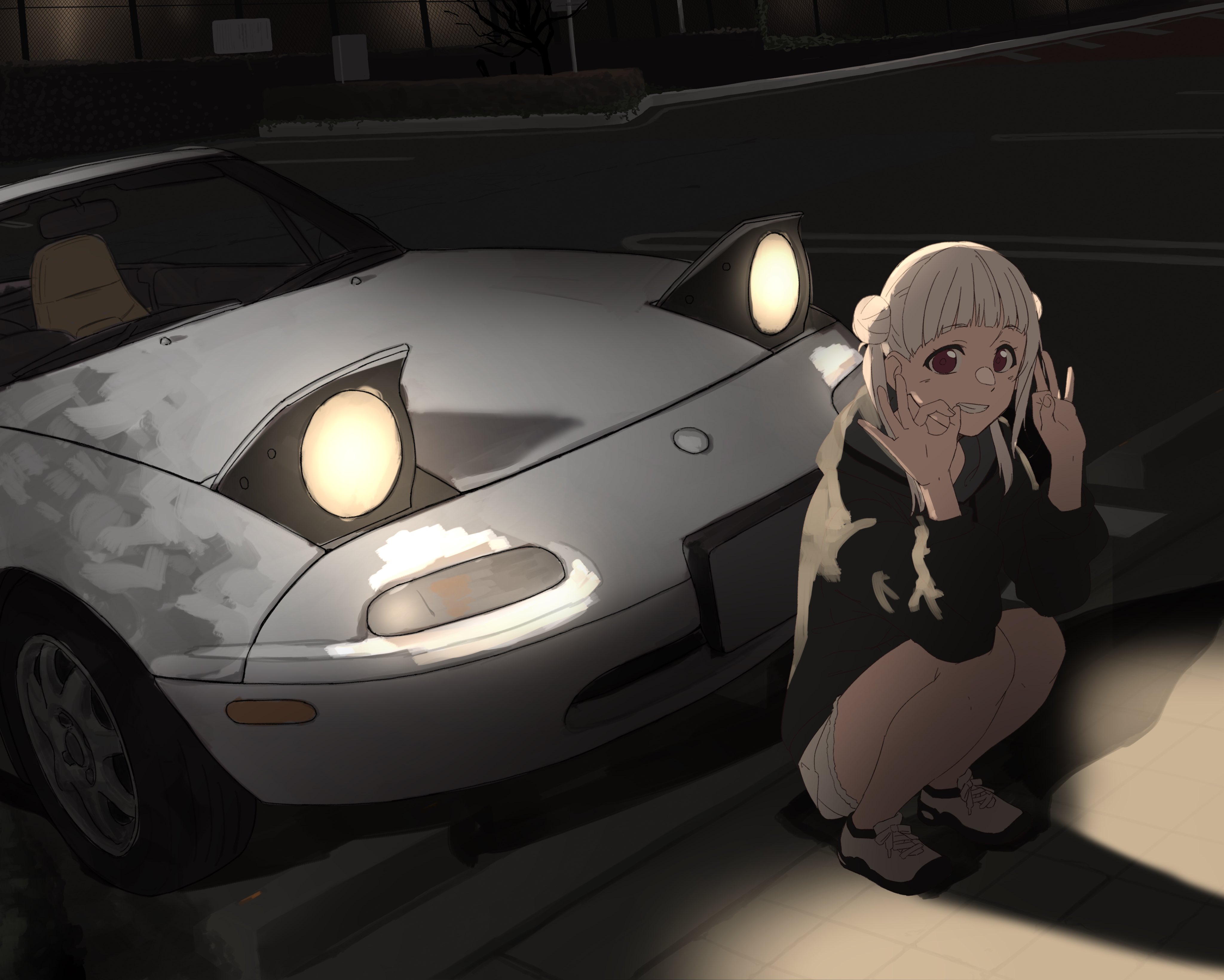 1girl absurdres arashi_chisato black_hoodie brown_shorts car commentary commentary_request double_bun double_ok_sign eunos_roadster hair_bun highres hood hoodie long_sleeves looking_at_viewer love_live! love_live!_superstar!! mazda mazda_mx-5 mazda_mx-5_na motor_vehicle night ok_sign outdoors parking_lot red_eyes s_sho_mkrn shoes shorts smile solo squatting twintails white_hair white_shoes