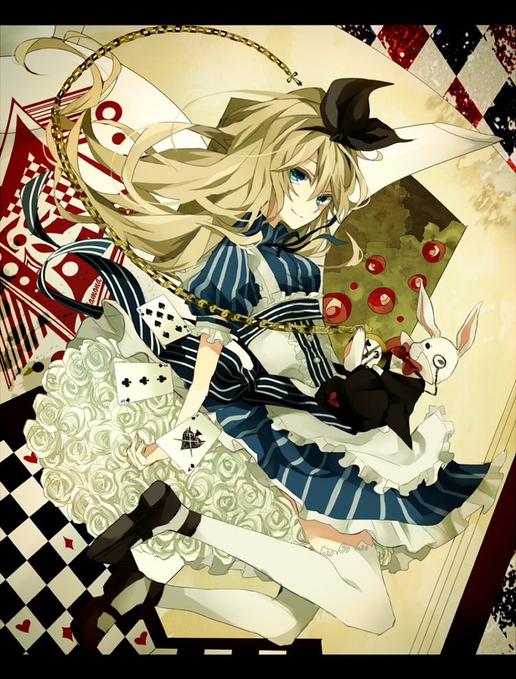 1girl ace_(playing_card) ace_of_spades alice_(alice_in_wonderland) alice&#039;s_adventures_in_wonderland black_shoes blonde_hair card female_focus long_hair looking_at_viewer original playing_card sagatsu_(miicat) satsuki_(miicat) shoes solo spade_(shape) stuffed_animal stuffed_rabbit stuffed_toy tagme thighhighs white_thighhighs