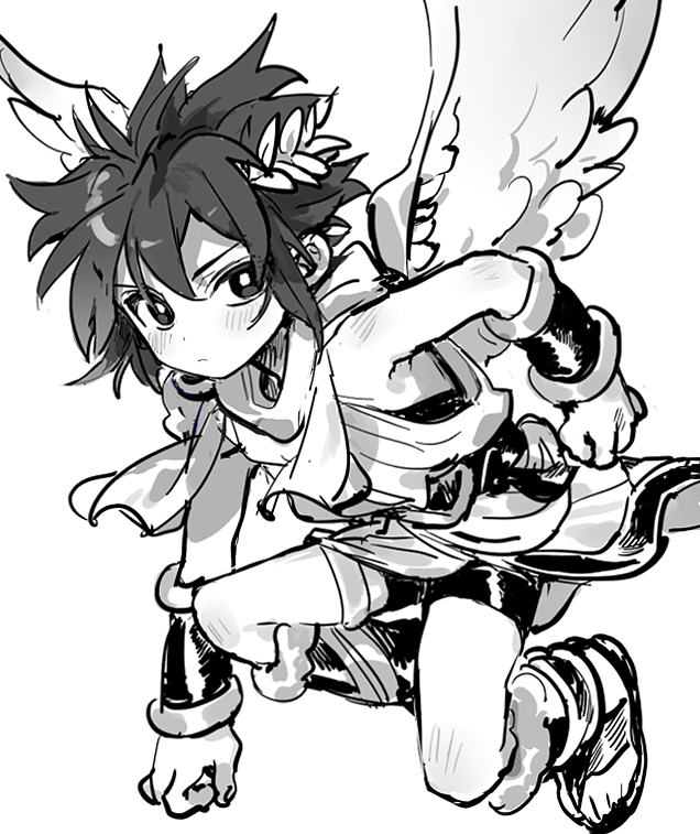 1boy angel angel_wings arm_up blush bracer closed_mouth dot_nose full_body gladiator_sandals greyscale hair_between_eyes k3vccitq kid_icarus laurel_crown looking_to_the_side male_focus monochrome nintendo parted_bangs pit_(kid_icarus) sandals short_hair shorts sideways_glance simple_background solo toga white_background wings