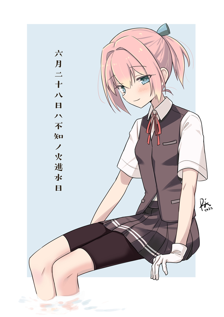1girl bike_shorts blue_eyes collared_shirt commentary_request dress_shirt feet_out_of_frame grey_skirt grey_vest kantai_collection pink_hair pleated_skirt ponytail r-king school_uniform shiranui_(kancolle) shirt short_hair shorts shorts_under_skirt skirt solo translation_request vest white_shirt