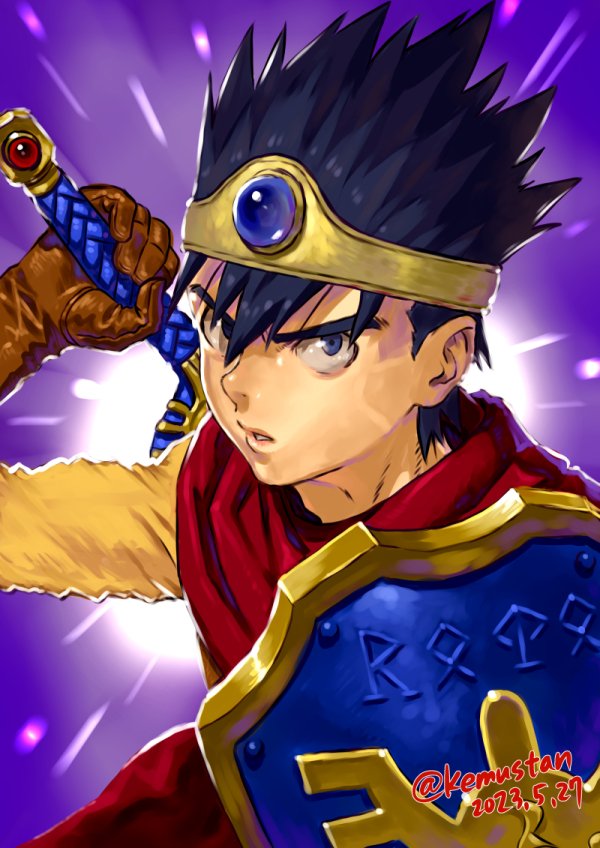 1boy black_eyes black_hair cape circlet dragon_quest dragon_quest_iii drawing_sword erdrick&#039;s_shield erdrick&#039;s_sword hero_(dq3) holding holding_sword holding_weapon looking_at_viewer male_focus red_cape shield solo sonomoto_shinzou_(natsume_kyouji) spiked_hair sword upper_body weapon