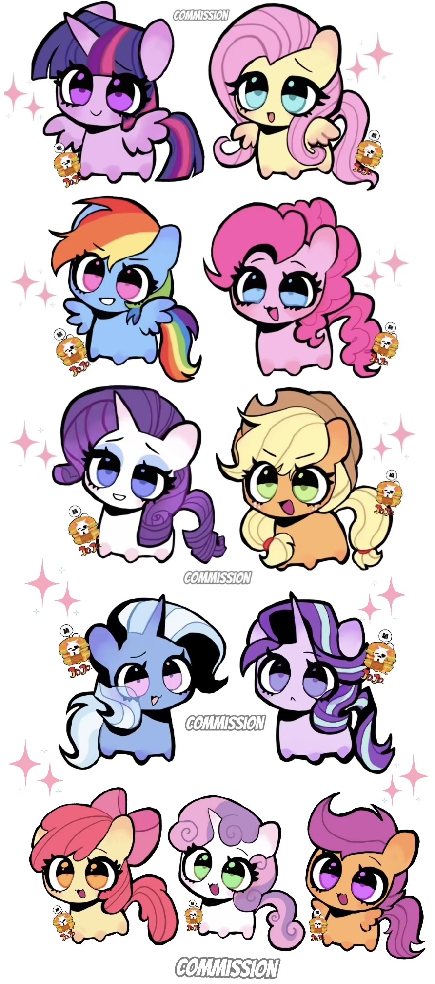 :3 animal animal_focus apple_bloom applejack aqua_eyes baby_animal blonde_hair blue_eyes blue_eyeshadow blue_hair blush brucebrandon chibi chibi_only chinese_commentary commentary_request commission cowboy_hat english_text everyone eyelashes eyeshadow fluttershy foal freckles green_eyes hat highres horns logo long_hair makeup multicolored_hair my_little_pony my_little_pony:_friendship_is_magic no_humans open_mouth orange_eyes pegasus pink_eyes pink_hair pinkie_pie pony_(animal) ponytail purple_eyes purple_hair rainbow_dash rainbow_hair rarity_(my_little_pony) red_hair scootaloo simple_background single_horn smile starlight_glimmer sweetie_belle trixie_lulamoon twilight_sparkle unicorn watermark white_background winged_unicorn wings