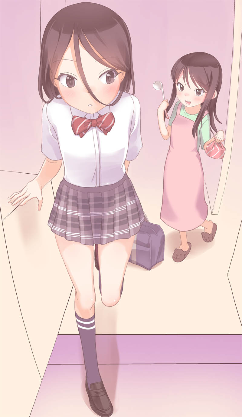 2girls :d animal_slippers apron bag bear_slippers black_socks blush bow breasts brown_eyes brown_footwear brown_hair collared_shirt diagonal-striped_bow dress_shirt green_shirt grey_skirt highres holding kneehighs ladle loafers long_hair multiple_girls open_mouth original pink_apron plaid_clothes plaid_skirt pleated_skirt red_bow school_bag school_uniform shirt shoes short_sleeves skirt slippers small_breasts smile socks white_shirt wrapped_bento yone_kinji