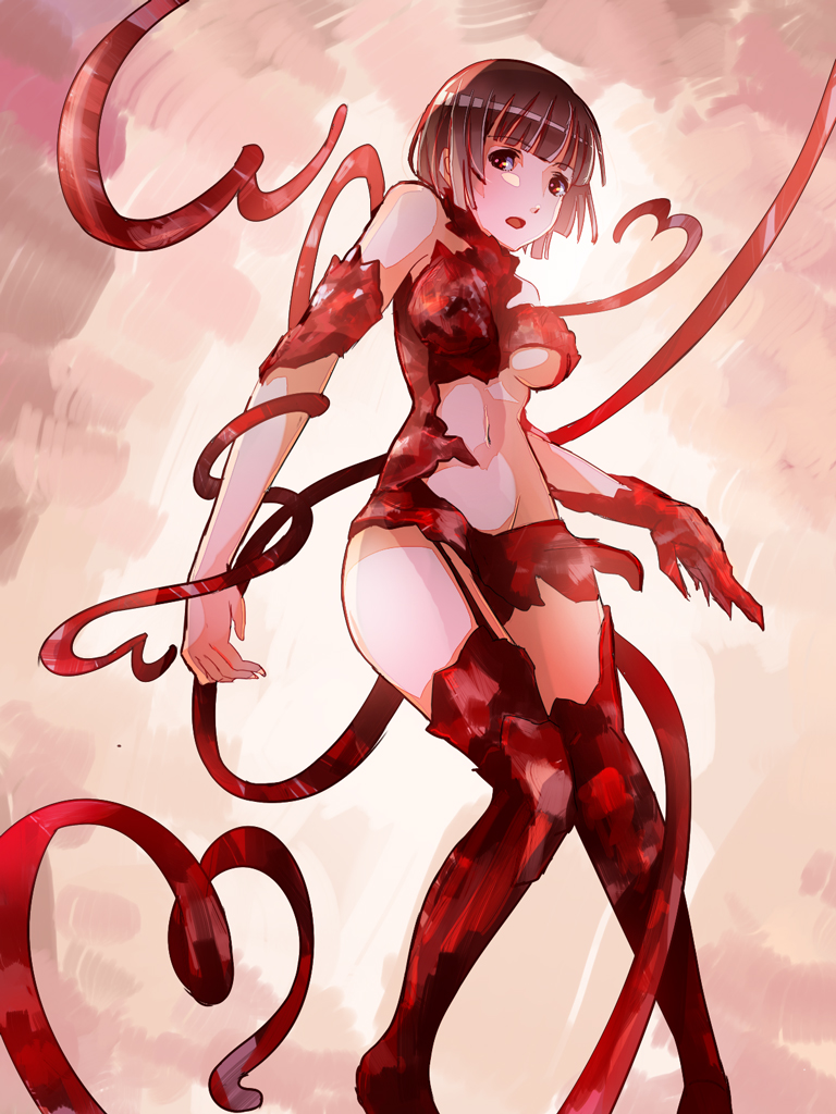 1girl barefoot benisuzume_(gauna) black_hair bob_cut breasts female_focus gauna gauna_491 gradient_background monster_girl navel placenta_(sidonia_no_kishi) red_eyes saojou short_hair sidonia_no_kishi solo tentacles