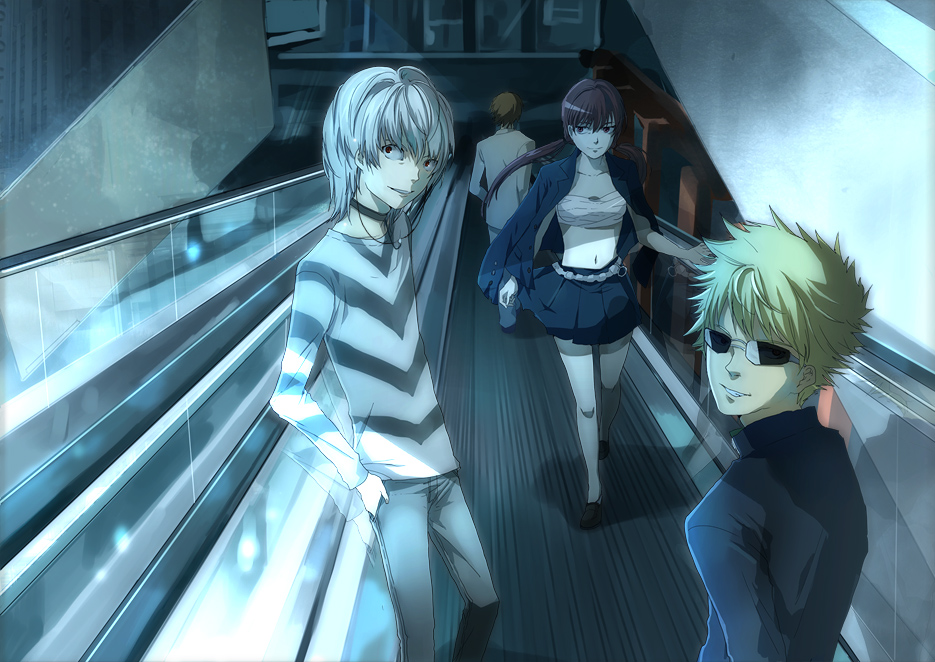 1girl 3boys accelerator_(toaru_majutsu_no_index) albino belt bettyannnewaters blonde_hair choker etzali formal_clothes grin multiple_boys musujime_awaki school_uniform smile sunglasses toaru_majutsu_no_index tsuchimikado_motoharu twintails unabara_mitsuki white_hair