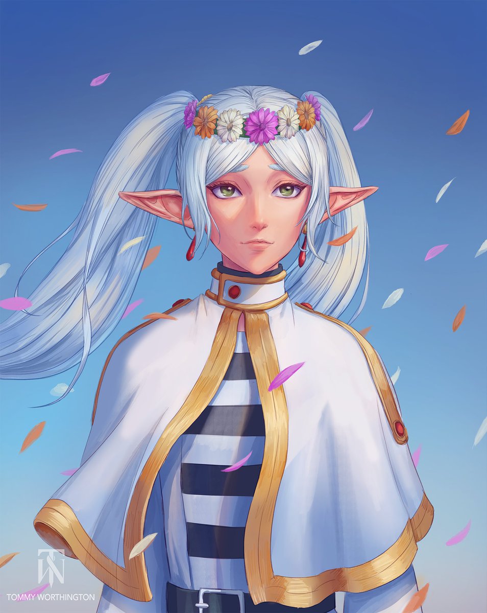 1girl belt black_belt black_shirt blue_sky capelet closed_mouth commentary earrings elf english_commentary falling_petals flower flower_wreath frieren green_eyes head_wreath high_collar highres jewelry long_hair long_sleeves looking_at_viewer parted_bangs petals pointy_ears shirt sky solo sousou_no_frieren striped_clothes striped_shirt tommy_worthington twintails upper_body white_capelet white_hair white_shirt