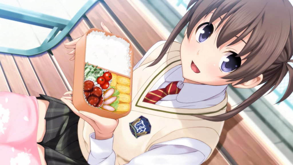 1girl amakawa_chinatsu bento brown_hair female_focus game_cg happy looking_at_viewer memories_off memories_off_yubikiri_no_kioku purple_eyes rice school_uniform short_twintails skirt solo twintails