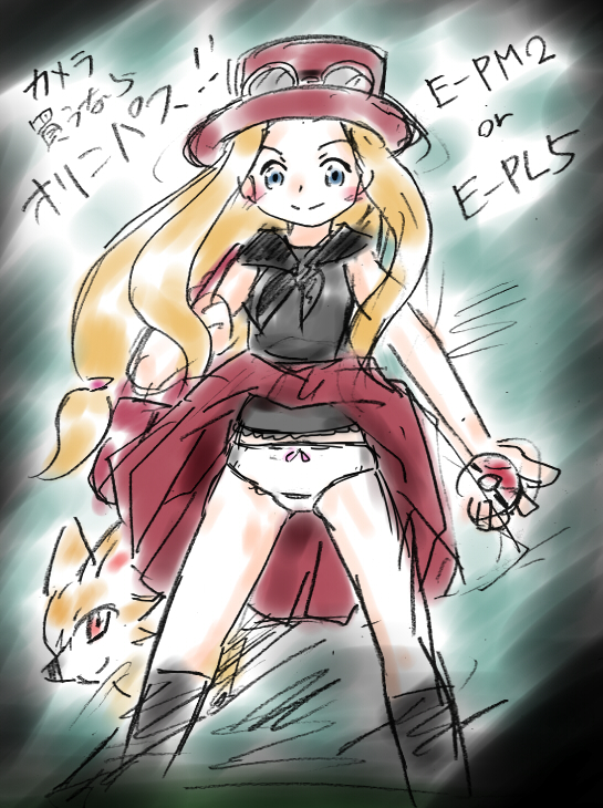 1girl animal bag black_shirt black_socks blonde_hair blue_eyes blush bow bow_panties crotch_seam eyewear_on_head fennekin fox gen_6_pokemon green_background hat holding holding_poke_ball kneehighs long_hair looking_at_viewer nintendo panties pink_bow poke_ball poke_ball_(basic) pokemon pokemon_(creature) pokemon_xy red_hat red_skirt serena_(pokemon) shirt skirt sleeveless sleeveless_shirt smile socks standing su_(pixiv_263717) sunglasses sunglasses_on_head underwear white_panties wind wind_lift yellow_fur