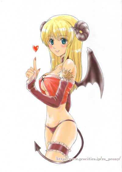 1girl 2000s_(style) babydoll black_wings blonde_hair blue_eyes blush breasts brown_horns brown_sleeves commentary_request cowboy_shot cropped_legs curled_horns demon_girl demon_tail demon_wings detached_sleeves feliciel fingernails frilled_thigh_strap fur-trimmed_sleeves fur_trim grin heart horns index_finger_raised large_breasts long_hair looking_at_viewer looking_to_the_side ragnarok_online red_babydoll red_nails simple_background smile solo succubus_(ragnarok_online) tail thigh_strap underboob watermark web_address white_background wings