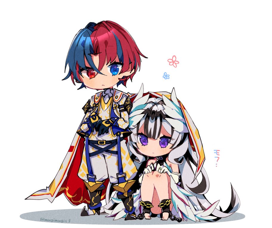 1boy 1girl alear_(fire_emblem) alear_(male)_(fire_emblem) bare_legs black_hair blue_eyes blue_hair brother_and_sister chibi double-parted_bangs fire_emblem fire_emblem_engage full_body heterochromia long_hair mugimugis multicolored_hair nintendo purple_eyes red_eyes red_hair siblings simple_background streaked_hair two-tone_hair very_long_hair veyle_(fire_emblem) white_background white_hair