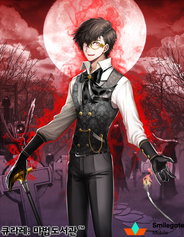 1boy asymmetrical_bangs aura bare_tree bird black_bow black_bowtie black_gloves black_hair black_pants black_vest bow bowtie brooch burning buttons cane carchet cloud collared_shirt copyright_name crazy_eyes cross crossed_bangs crow dark_aura double-breasted evil_smile feet_out_of_frame full_moon ghost gloves graveyard hair_between_eyes holding holding_cane jewelry latin_cross long_sleeves looking_at_viewer male_focus monocle moon official_art pants parted_lips pavement pocket_square qurare_magic_library red_eyes red_sky shirt short_hair sky smile solo standing tombstone tree vest well white_shirt