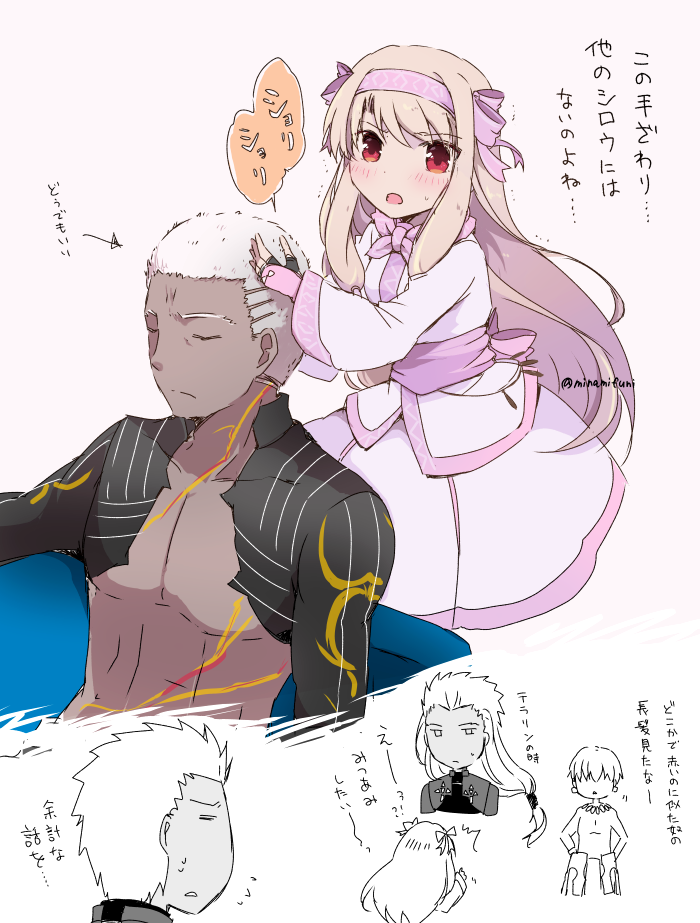1girl 3boys ainu_clothes alternate_hair_length alternate_hairstyle archer_(fate) closed_eyes commentary_request crew_cut dark-skinned_male dark_skin emiya_alter fate/grand_order fate_(series) fingerless_gloves flying_sweatdrops gilgamesh_(fate) gloves hairband long_hair low-tied_long_hair minafuni multiple_boys partially_colored pink_hairband sitonai_(fate) white_hair wide_sleeves