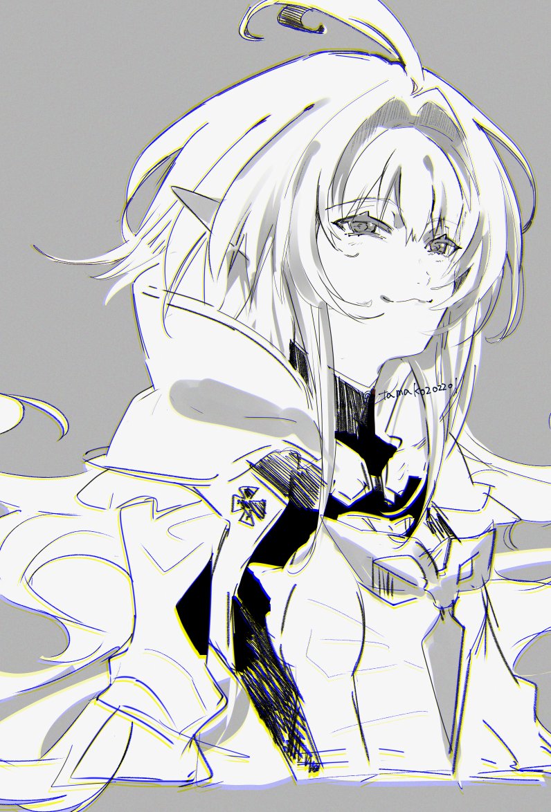 1girl :3 ahoge closed_mouth commentary_request fate/grand_order fate/grand_order_arcade fate/prototype fate_(series) greyscale hair_intakes hanako_(onikutabetaiyo) hood hood_down long_hair looking_at_viewer merlin_(fate/prototype) merlin_(second_ascension)_(fate/prototype) monochrome robe simple_background sketch smile smug solo twitter_username upper_body