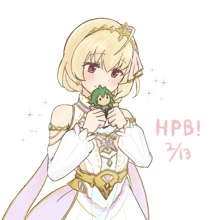 1girl ahoge andou_tazusa armlet assault_lily bare_shoulders blonde_hair blush braid braided_ponytail character_doll closed_mouth commentary_request detached_sleeves doll dress earrings hair_between_eyes hair_ribbon hands_up happy_birthday holding holding_doll jewelry long_sleeves looking_at_object low_ponytail marukame_ten official_alternate_costume official_alternate_hairstyle pink_dress pink_ribbon ponytail red_eyes ribbon short_hair side_ponytail simple_background single_braid sleeveless sleeveless_dress smile solo sparkle standing tiara two-tone_dress upper_body white_background white_dress yoshimura_thi_mai