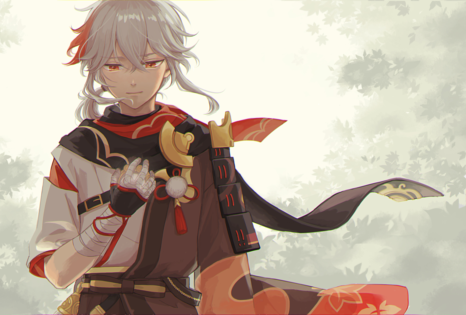 1boy armor bandaged_hand bandages black_gloves closed_mouth crossed_bangs fingerless_gloves genshin_impact gloves japanese_clothes kaedehara_kazuha leaf leaf_print looking_down male_focus mapogeso multicolored_hair multiple_views ponytail red_hair shoulder_armor streaked_hair upper_body white_hair