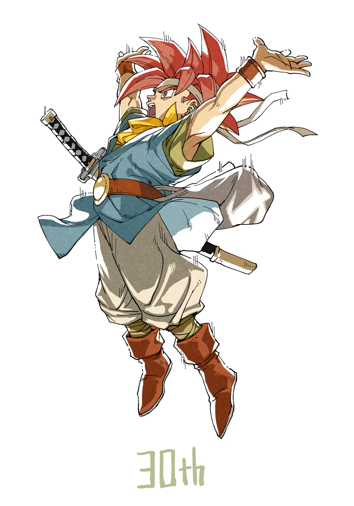 1boy baggy_pants blue_tunic boots casting_spell chrono_trigger crono_(chrono_trigger) headband hungry_clicker katana pants red_hair solo spiked_hair sword toriyama_akira_(style) tunic weapon white_pants