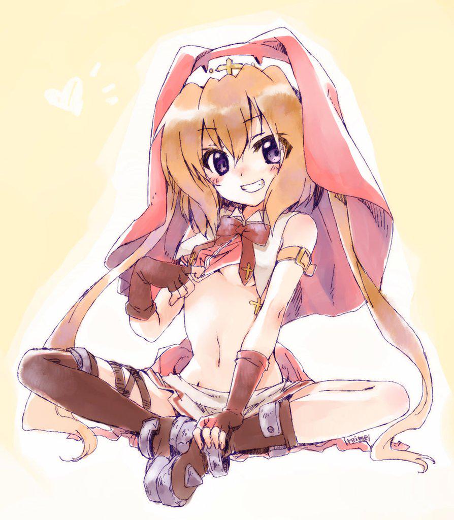 1girl arm_strap artist_name black_boots black_gloves boots bow bowtie breasts chantez_apinion collared_shirt commentary_request crop_top female_focus fingerless_gloves full_body gloves grin habit heart kuroi_mimei looking_at_viewer lyrical_nanoha mahou_shoujo_lyrical_nanoha_vivid miniskirt navel nun orange_hair purple_eyes red_bow red_bowtie red_headwear red_shirt shirt shirt_tug short_hair single_thighhigh sitting skirt sleeveless sleeveless_shirt small_breasts smile solo thigh_strap thighhighs underboob white_skirt