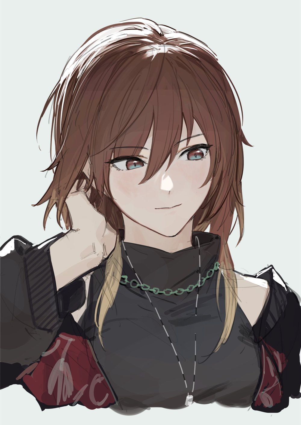 1girl aketa_mikoto black_shirt brown_eyes brown_hair closed_mouth colored_tips gradient_eyes hair_between_eyes hand_up high_collar highres idolmaster idolmaster_shiny_colors jacket jewelry long_sleeves looking_down medium_hair multicolored_eyes multicolored_hair necklace shirt simple_background sleeveless sleeveless_shirt smile solo upper_body white_background zhili_xingzou