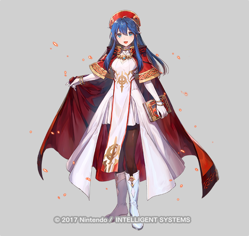 1girl alternate_costume azu-taro blue_eyes blue_hair book boots bracelet breasts cape copyright_notice dress elbow_gloves fire_emblem fire_emblem:_the_binding_blade fire_emblem_heroes forblaze full_body gloves grey_background hat holding holding_book jewelry knee_boots lilina_(fire_emblem) lilina_(firelight_leader)_(fire_emblem) long_hair looking_at_viewer medium_breasts nintendo official_art open_mouth pantyhose pelvic_curtain red_cape shiny_clothes simple_background skirt smile solo standing white_boots white_dress white_gloves