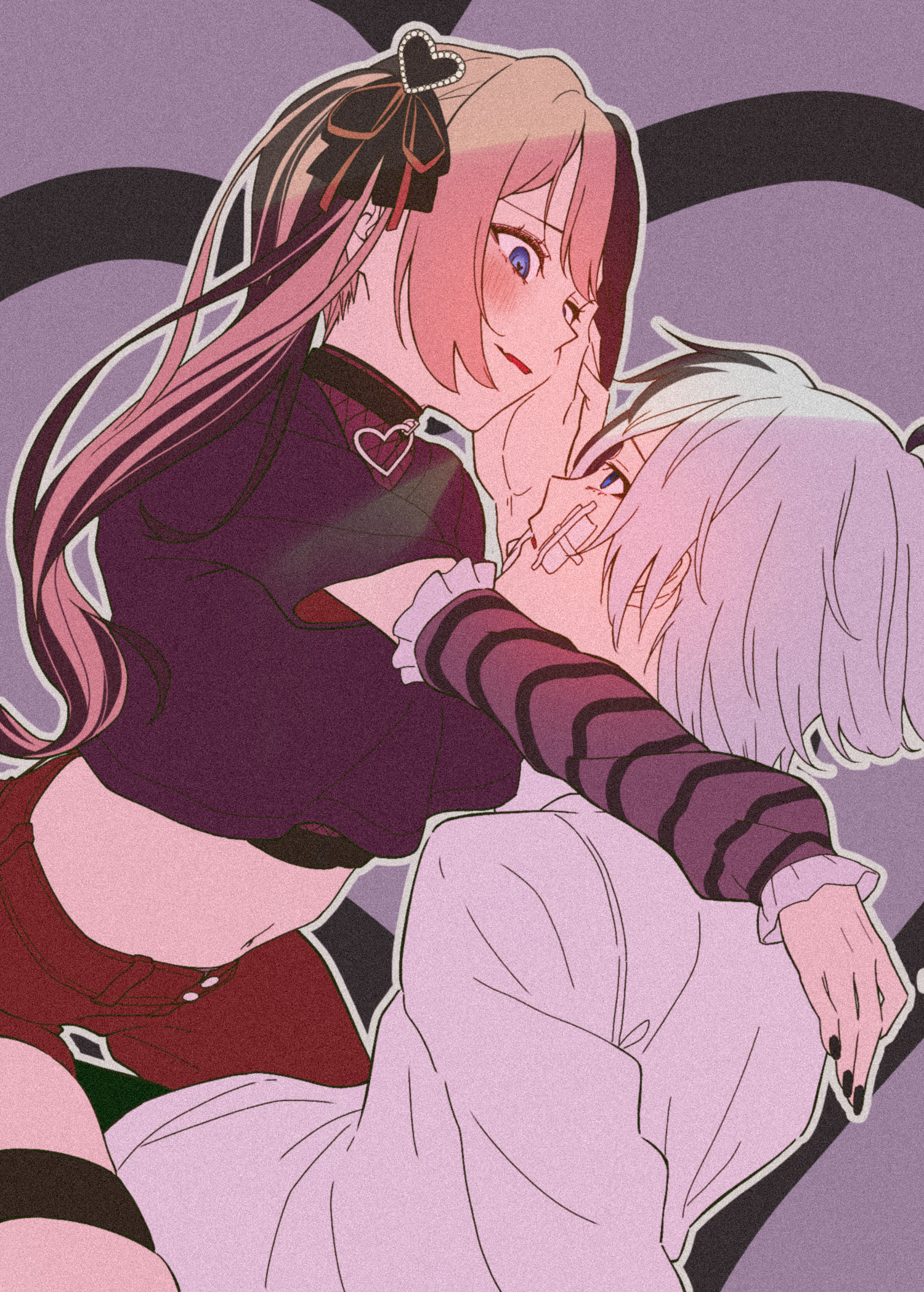 1boy 1girl alternate_costume arm_warmers asymmetrical_clothes black_collar black_hair black_nails blue_eyes blush brown_hair collar crop_top cropped_shirt fishnet_top fishnets gauze gauze_on_cheek girl_on_top hand_on_another's_cheek hand_on_another's_face highres indie_virtual_youtuber iris_black_games kamito_(vtuber) midriff multicolored_hair navel pants parted_bangs parted_lips pink_hair red_pants shirt side_ponytail single_pantsleg split-color_hair tachibana_hinano tawashi_(tawashi324) thigh_strap two-tone_hair virtual_youtuber vspo! white_hair white_shirt