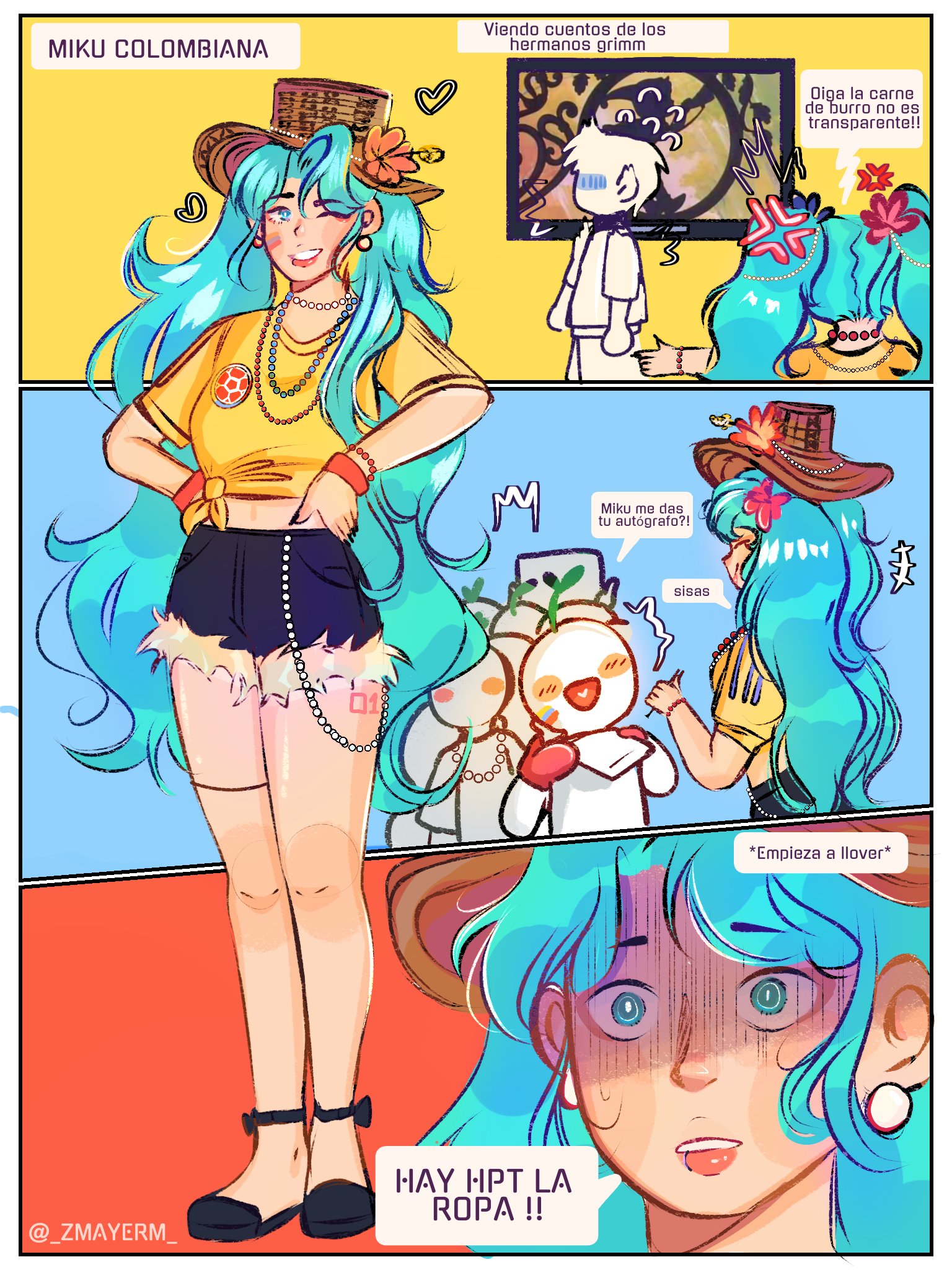 1girl blue_eyes blue_hair colombia colombian_clothes colombian_hat colombian_miku flower flower_on_head hatsune_miku highres lip_piercing long_hair piercing shorts spanish_text vocaloid