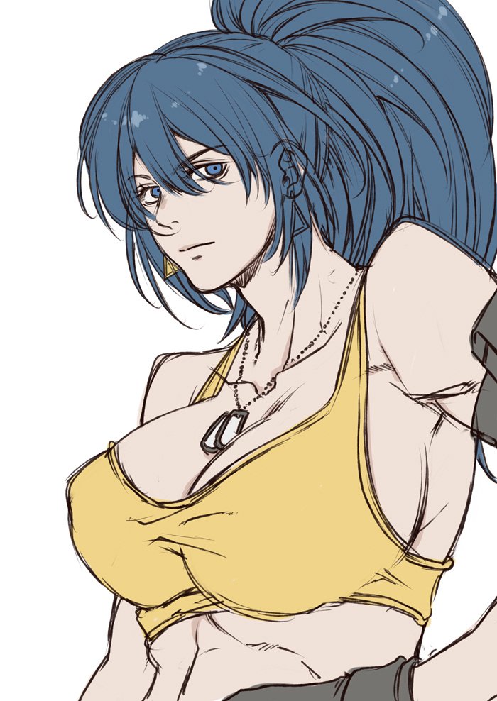 1girl arm_pouch bare_shoulders blue_eyes blue_hair breasts cleavage closed_mouth commentary_request crop_top dog_tags earrings gloves jewelry large_breasts leona_heidern looking_at_viewer muscular muscular_female ponytail solo tank_top the_king_of_fighters triangle_earrings upper_body white_background yasunososaku yellow_tank_top