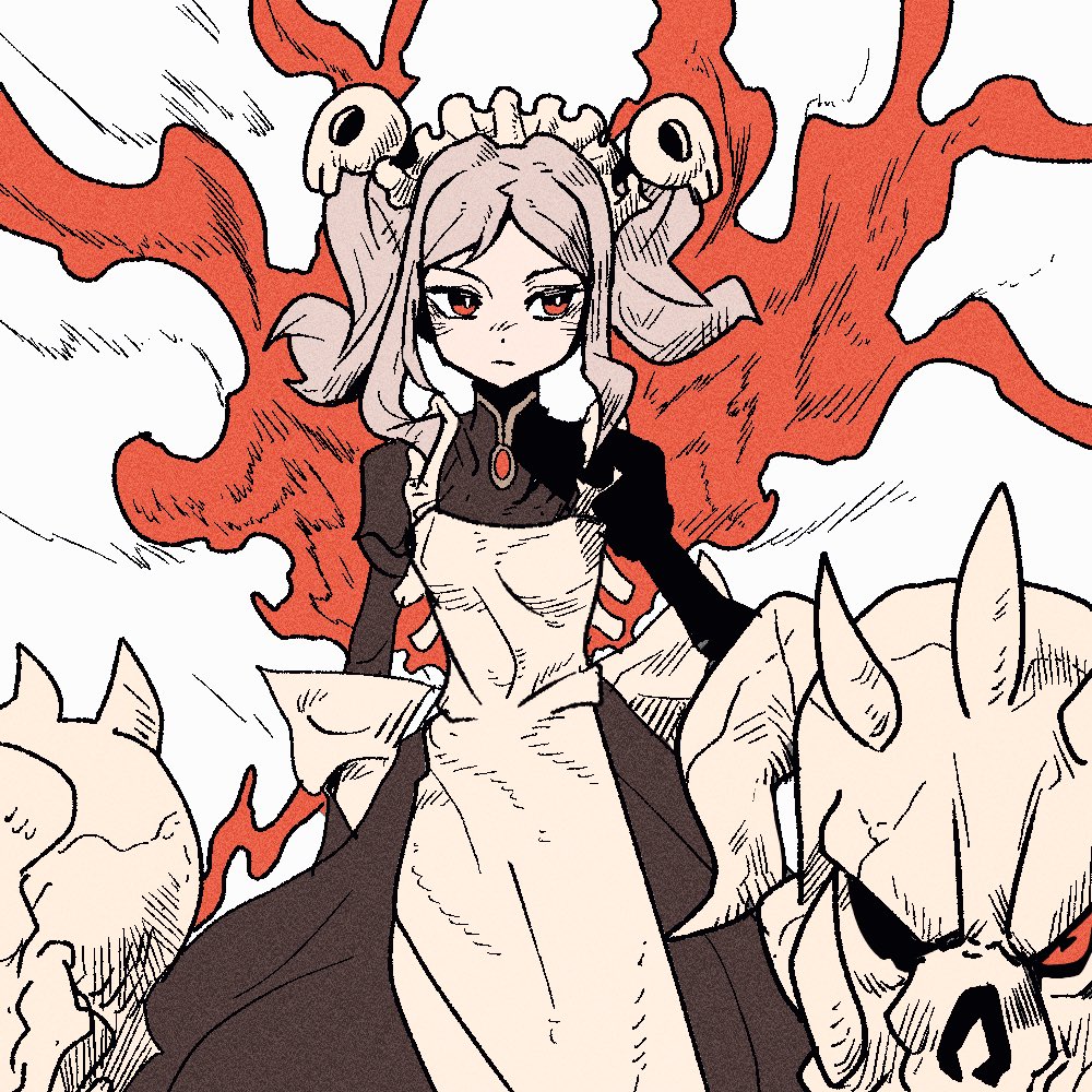 1girl apron bloody_marie_(skullgirls) bright_pupils brooch dress energy facing_viewer frilled_apron frills grey_hair hair_ornament han_gong jewelry looking_to_the_side maid_headdress red_eyes skull skull_hair_ornament skullgirls solo twintails
