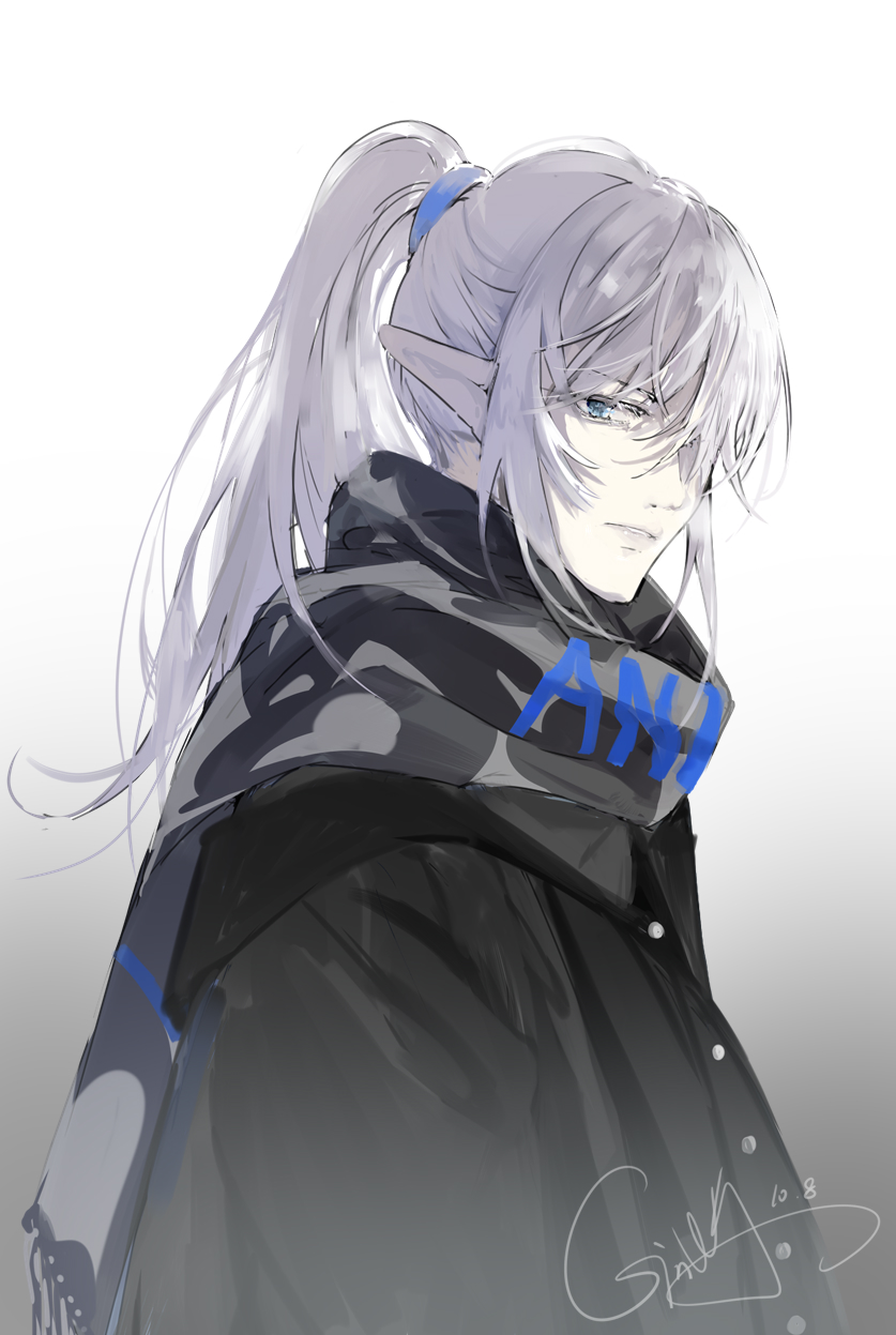 1boy alternate_costume black_coat blue_eyes chinese_commentary coat commentary dated elezen elf estinien_varlineau final_fantasy final_fantasy_xiv gradient_background grey_background grey_scarf hair_over_one_eye high_ponytail highres lips long_hair male_focus one_eye_covered pointy_ears ponytail print_scarf scarf shengxianxiaoyupian signature solo text_print upper_body white_background white_hair