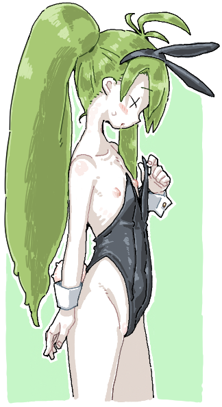 +_+ 1girl ahoge animal_ears black_leotard blush closed_mouth colored_skin cowboy_shot fake_animal_ears fake_tail flat_chest from_side green_background high_ponytail leotard long_hair man_(man-room) nipples oversized_breast_cup playboy_bunny ponytail rabbit_ears rabbit_tail solo strapless strapless_leotard tail tone_sphere trin_(tone_sphere) two-tone_background white_background white_skin wrist_cuffs