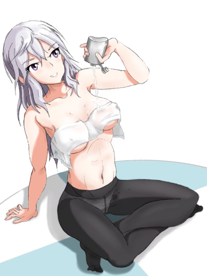1girl arm_support aurora_e._juutilainen breasts canteen covered_erect_nipples female_focus grey_hair groin indian_style kuni-kun medium_breasts navel panties panties_under_pantyhose pantyhose pouring pouring_onto_self purple_eyes sitting solo strike_witches:_aurora_no_majo topless_female towel underwear white_background white_panties world_witches_series