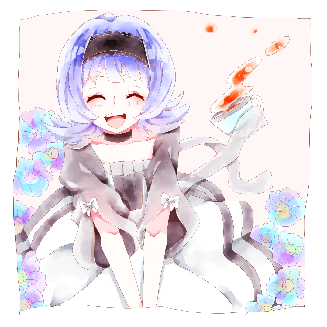 1girl almiria_bauduin blue_hair closed_eyes cup dress female_focus gundam gundam_tekketsu_no_orphans long_hair rin2019 smile solo tea teacup