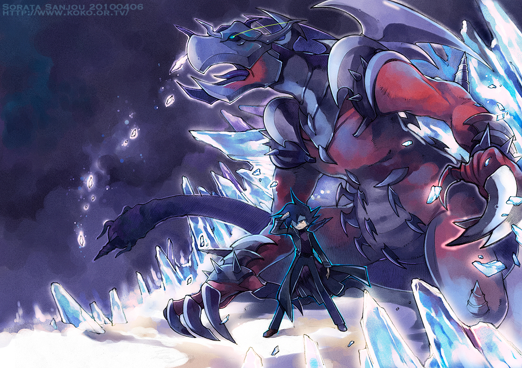 1boy armed_dragon black_hair dark_armed_dragon dragon duel_monster long_coat long_hair male_focus manjoume_jun monster sanjou_sorata yu-gi-oh! yu-gi-oh!_gx