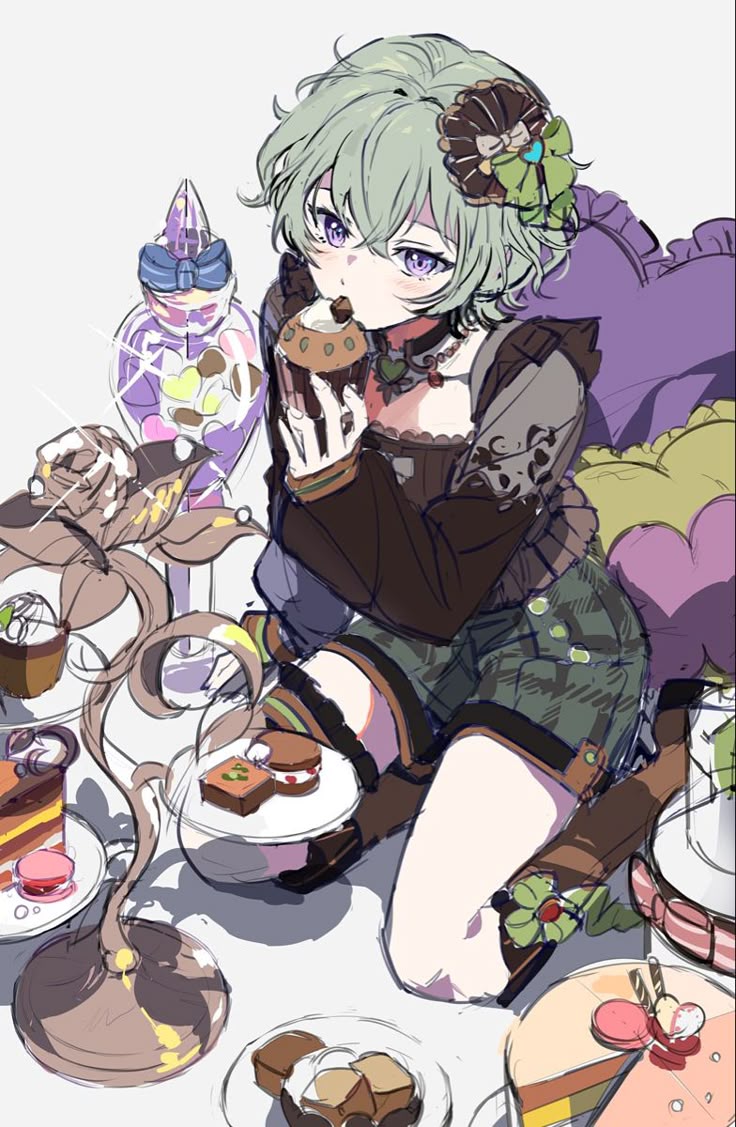 1girl arm_support bad_id bad_pixiv_id boots bow brown_boots brown_shirt brownie_(food) cake candle_no_kaori_wa_omoide_to_tomo_ni_(project_sekai) candy chocolate chocolate_heart covered_mouth cupcake food frilled_shirt frilled_sleeves frills green_bow green_hair green_shorts hair_bow hair_ornament hand_up heart heart-shaped_food heart-shaped_pillow heart_collar holding holding_food iwatnc kneeling kusanagi_nene long_sleeves looking_at_viewer macaron official_alternate_costume official_alternate_hair_length official_alternate_hairstyle orange_sleeve_cuffs pastry pillow pink_ribbon plaid_clothes plaid_shorts project_sekai purple_eyes ribbon shirt short_hair shorts sidelocks sleeve_cuffs solo very_short_hair