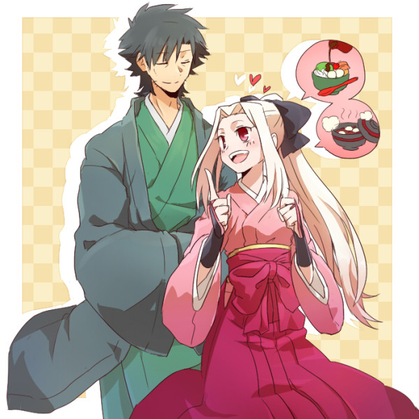 1boy 1girl black_hair bridal_gauntlets couple emiya_kiritsugu facial_hair fate/zero fate_(series) food height_difference hetero husband_and_wife instructor_iri irisviel_von_einzbern japanese_clothes kimono long_hair mochi official_alternate_costume ponytail red_eyes ruchi spoken_food stubble wagashi white_hair