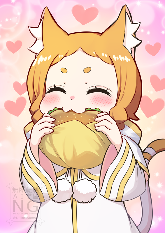 1girl animal_ear_fluff animal_ears blush braid burger capelet cat_ears cat_girl cat_tail closed_eyes commentary_request detached_sleeves eating facing_viewer food food_wrapper heart holding holding_burger holding_food long_hair mimi_pearlbaton orange_hair parted_bangs pom_pom_(clothes) re:zero_kara_hajimeru_isekai_seikatsu robe s_(hdru2332) solo tail twin_braids upper_body watermark white_capelet white_robe white_sleeves wide_sleeves