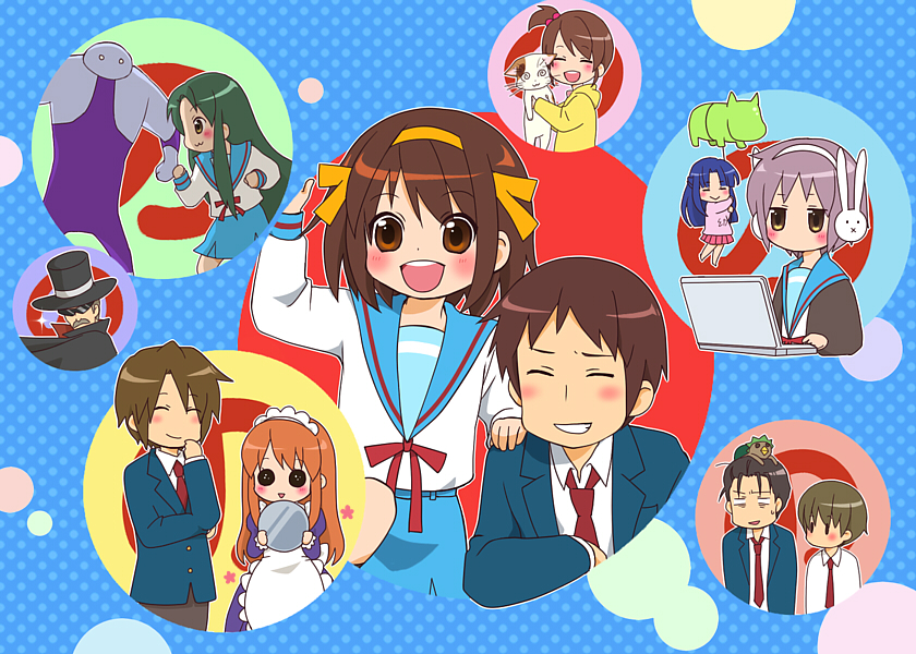 00s 5boys 6+girls :3 achakura animal_ears arakawa_(suzumiya_haruhi) asahina_mikuru asakura_ryoko bad_id bad_pixiv_id balloon balloon_animal blue_hair brown_hair calico_(pattern) calico_cat cat celestial_(haruhi) celestial_(suzumiya_haruhi) churuya computer green_hair hat headphones kappa kimidori-san koizumi_itsuki kunikida_(suzumiya_haruhi) kyon kyon_no_imouto laptop long_hair moffunnyo multiple_boys multiple_girls nagato_yuki purple_hair rabbit_ears school_uniform serafuku shamisen_(suzumiya_haruhi) suzumiya_haruhi suzumiya_haruhi-chan_no_yuuutsu suzumiya_haruhi_no_yuuutsu taniguchi_(suzumiya_haruhi) top_hat tsuruya very_long_hair