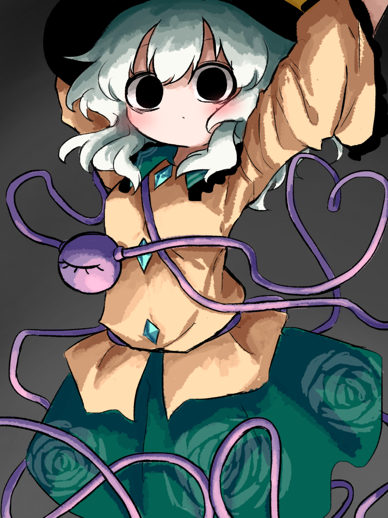 1girl arms_up black_eyes black_hat blouse buttons closed_mouth cowboy_shot diamond_button dot_mouth floral_print frilled_shirt_collar frills green_hair green_skirt grey_background hat heart heart_of_string heripantomorrow komeiji_koishi long_sleeves looking_at_viewer medium_hair print_skirt rose_print shirt skirt solo third_eye touhou wide_sleeves yellow_shirt