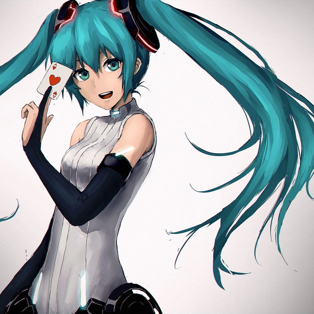 1girl aqua_eyes blue_hair card hatsune_miku heart_card long_hair simple_background solo twintails vocaloid white_background yara_kami_meiosei