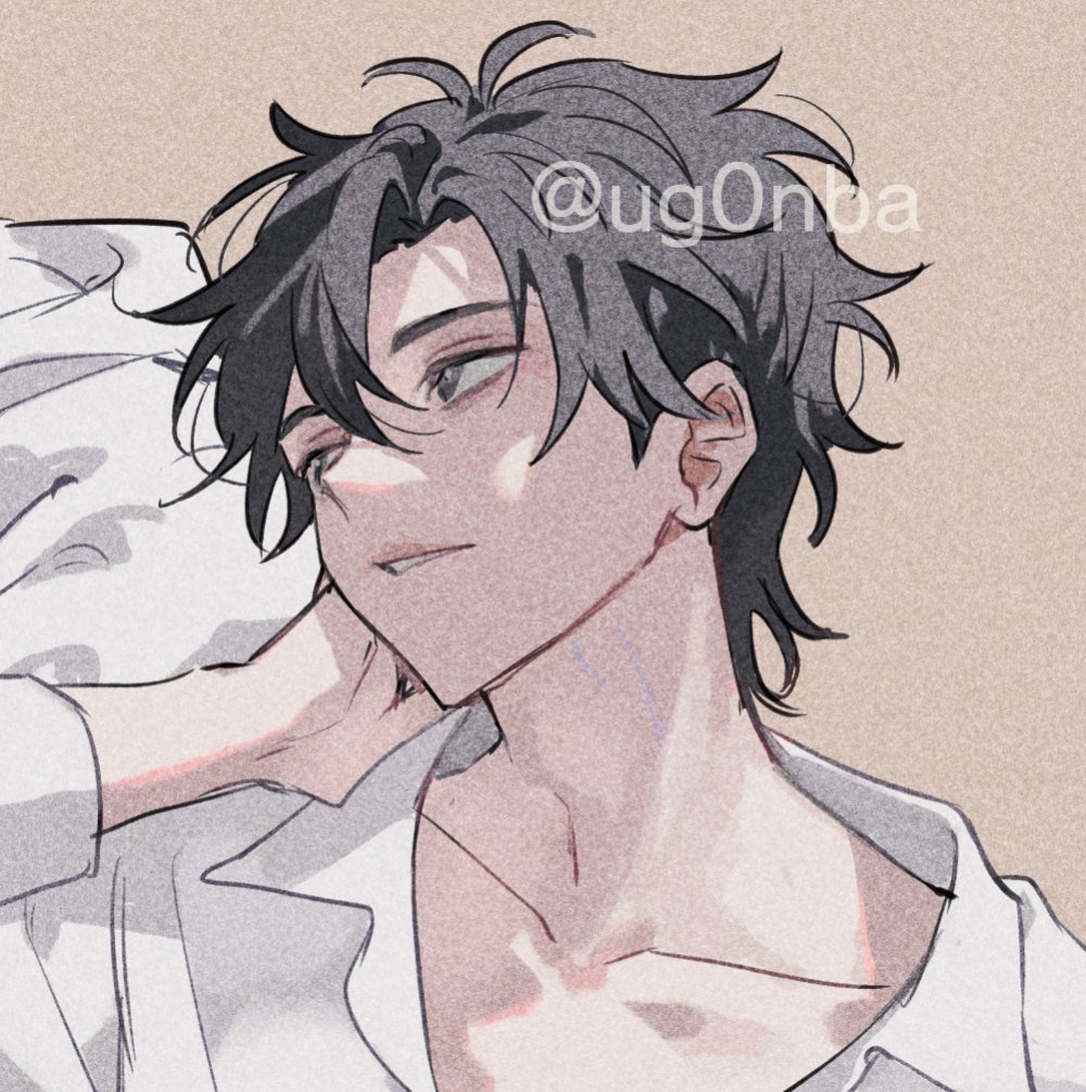 1boy antenna_hair black_eyes black_hair brown_background cheng_xiaoshi collarbone collared_shirt hair_between_eyes hand_on_own_face hand_up long_sleeves looking_to_the_side male_focus messy_hair parted_lips portrait shade shiguang_dailiren shirt short_hair simple_background solo twitter_username ugonba_(howatoro) upper_body watermark white_shirt
